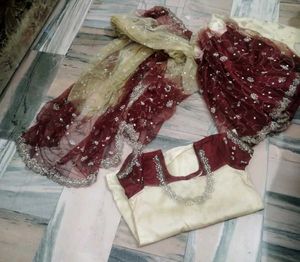 Maroon &amp; Cream Lehenga Choli Set