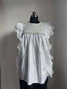 Elegant White Ruffle Top with Embellished Neckline