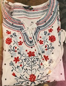 Embroidered White top with Tassel Tie