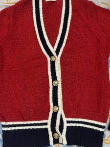 Red Cardigan with Navy Trim