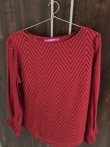 Red Chevron Textured Long Sleeve Top