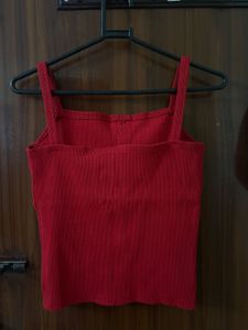 Red Button-Front Ribbed Crop Top