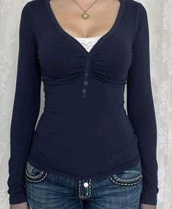 Navy Blue V-Neck Lace Trim Top