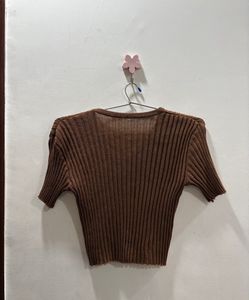 Brown Ribbed  Knit Top | Too stretchable