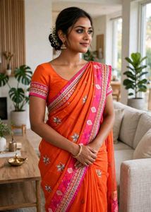 Vibrant Orange Embroidered Saree