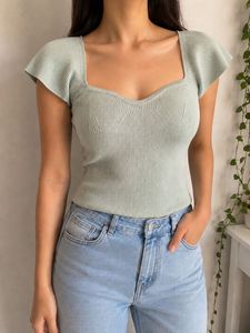 Cute Ribbed Square Neck Top