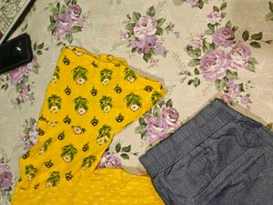 Yellow Printed Kurta with Blue Pants