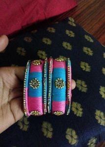 Pink &amp; Blue Silk Thread Bangles (Set of 6)