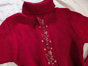 Embellished Burgundy Turtleneck Sweater