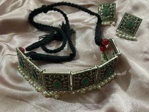 Oxidised Silver Choker Necklace with Earrings