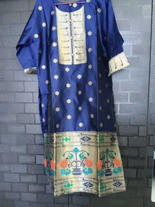 Elegant Blue Paithani kurta with Golden Border