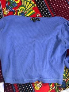Blue Ribbed Crop Top with Long Sleeves