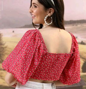 Red Floral Puff Sleeve Crop Top
