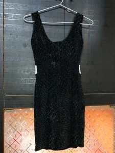 Black Textured Dress with White Bow Accent
