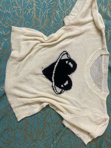 Cream Knit Top with Black Heart Graphic