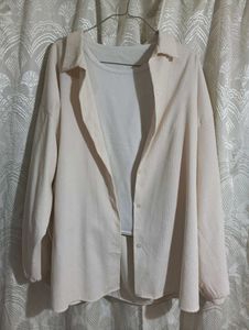 Casual Beige Oversized Shirt & Tank Top Set