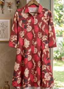 Red floral A‑line dress with straight