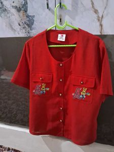 Red Button-Up Top with Cute Embroidery