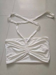 White Ruched Halter Neck Crop Top