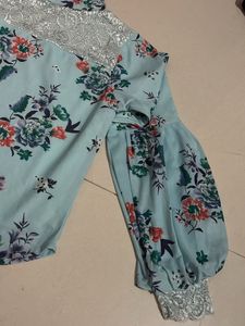 Light Blue Floral Lace Neck Top