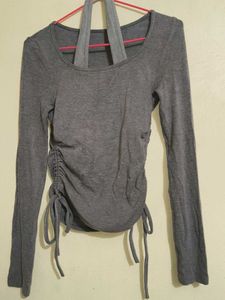 Gray Ruched Drawstring Long Sleeve Top