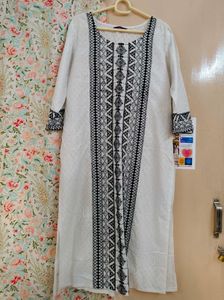 Pure Cotton White straight Kurta with Blue Embroi