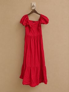 Red Square Neck Puff Sleeve Dress