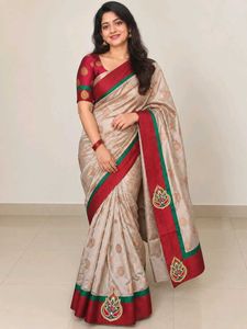 (No blouse) Elegant Beige Saree with Red Border