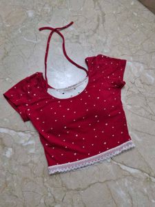 Red Cropped Top with Lace Trim