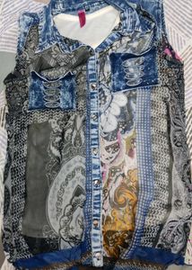 Unique Patchwork Denim & Print Sleeveless Top