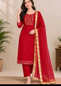 unstitched Red Embroidered Kurta Set