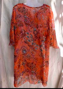 sheer Vibrant Embroidered Orange Kurta
