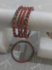Red - Orange Boho Beaded set of 4 Bangles