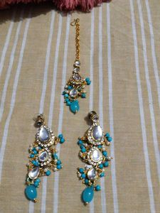 Stunning Blue &amp; White Earrings with mangtika