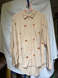 Cute Heart Striped Button-Up Oversized Fit Shirt