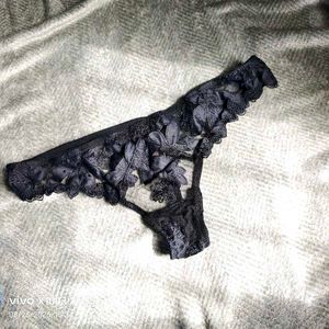 I. Black Lace Floral Thong Panty
