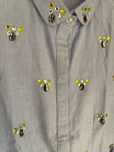 Embellished Blue Button-Up Shirt