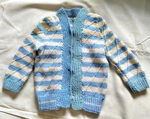 Hand-Knitted Baby Cardigan Blue Striped Sweater 💙