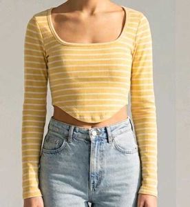 Yellow Striped Cropped Long Sleeve Top