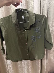 Olive Green Embroidered Button-Up Shirt