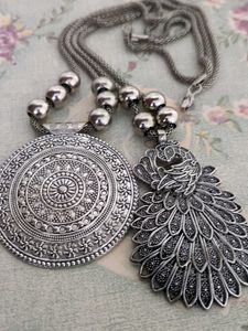 Boho Oxidized Silver Peacock &amp; Mandala Necklaces