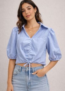 Light Blue Puff Sleeve Ruched Front Crop Top