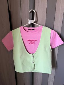 Pink Crop Top with Green Vest