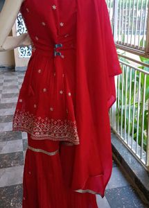 Red Embroidered Kurta Sharara Set