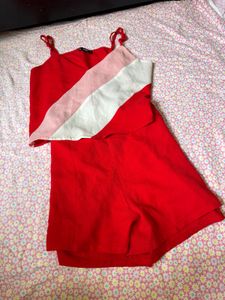 Red Two-Piece Set with Pink Stripe Detail