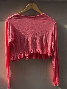 Pink Graphic Crop Top with Ruffle Hem