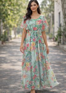 Light Green Floral Print Maxi Dress