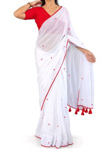 White Saree with Red Embellishments