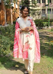 Elegant White & Pink Floral Kurta Set