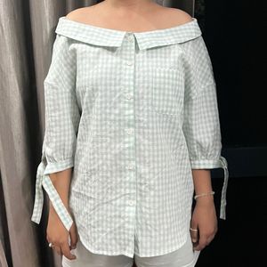 Gingham Off-Shoulder Button-Up Shirt